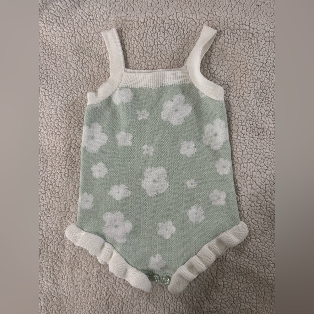Baby Mint Floral Knit One-Piece Bodysuit with White Trim